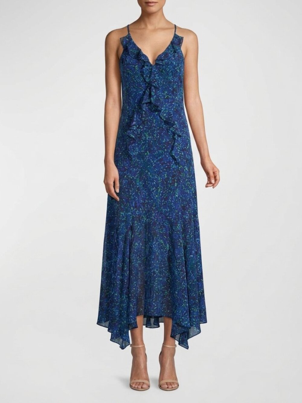 $695 Rebecca Taylor Silk Charmeuse Ruffle Navy Floral Maxi Dress Size 8